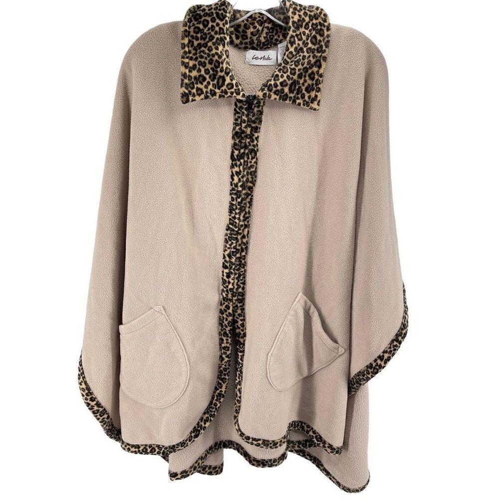Le Moda Womens Wrap blanket Sweater Leopard Trim Full Zip Pocket Beige Tan One S